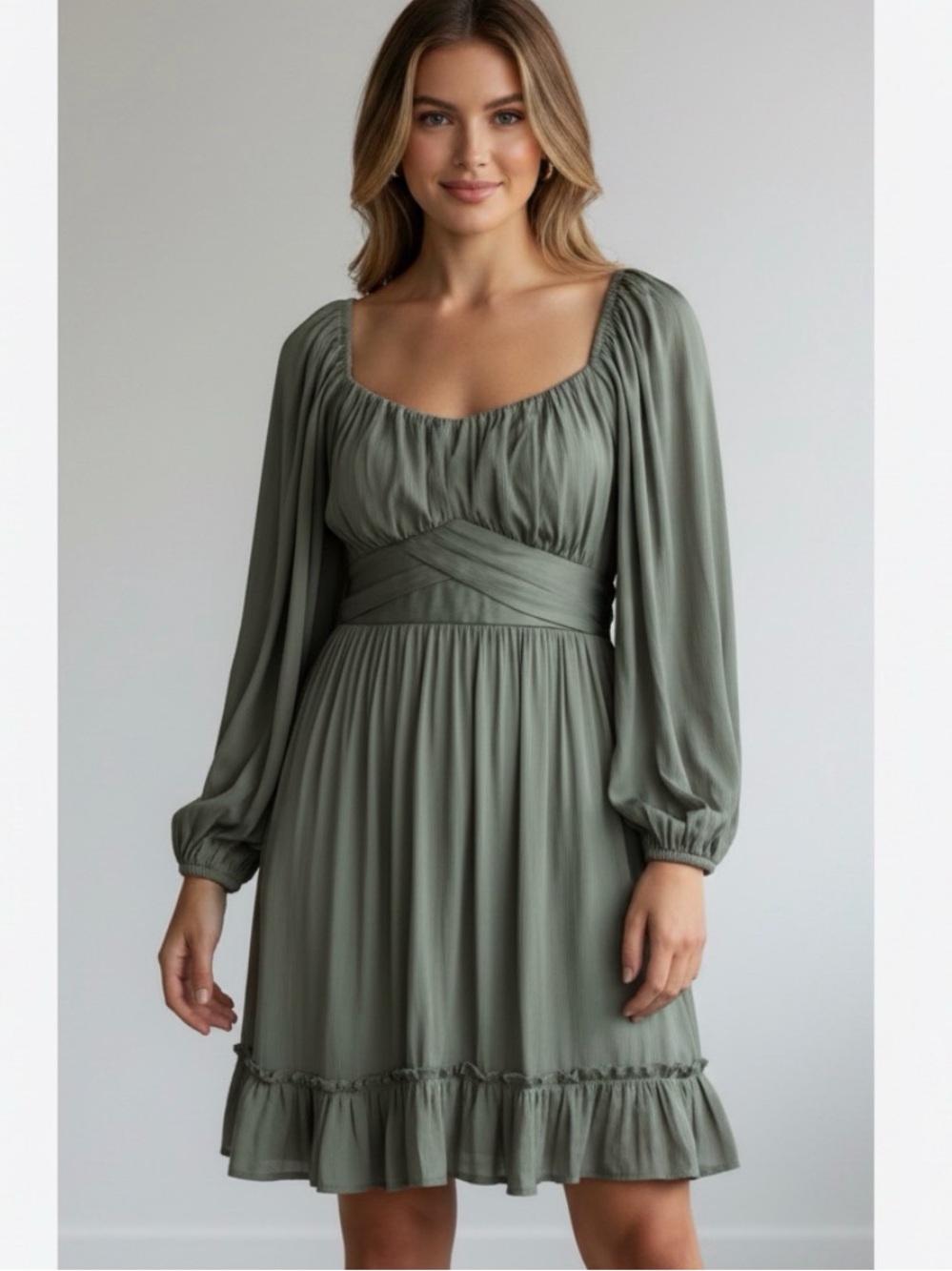 Altar'd State Sage Olive Long Sleeve Empire-Waist Mini Dress size small